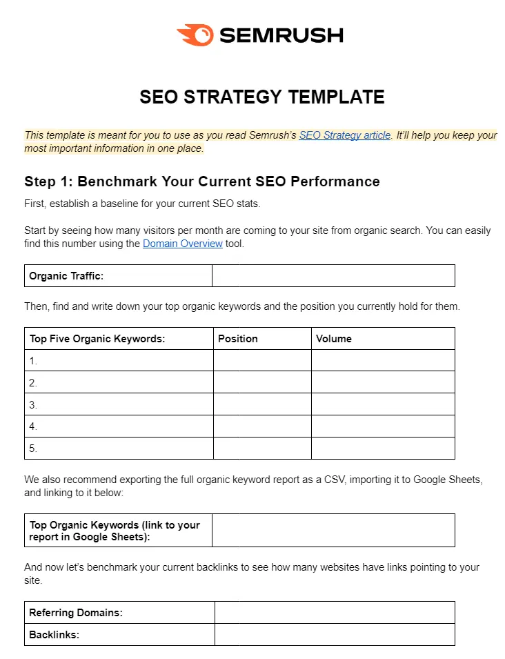 Semrush's SEO scheme template