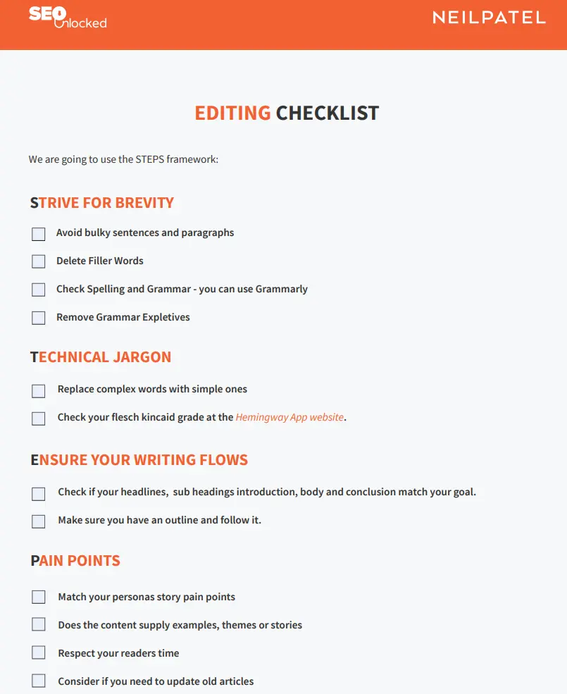 Neil Patel's satisfied editing checklist.