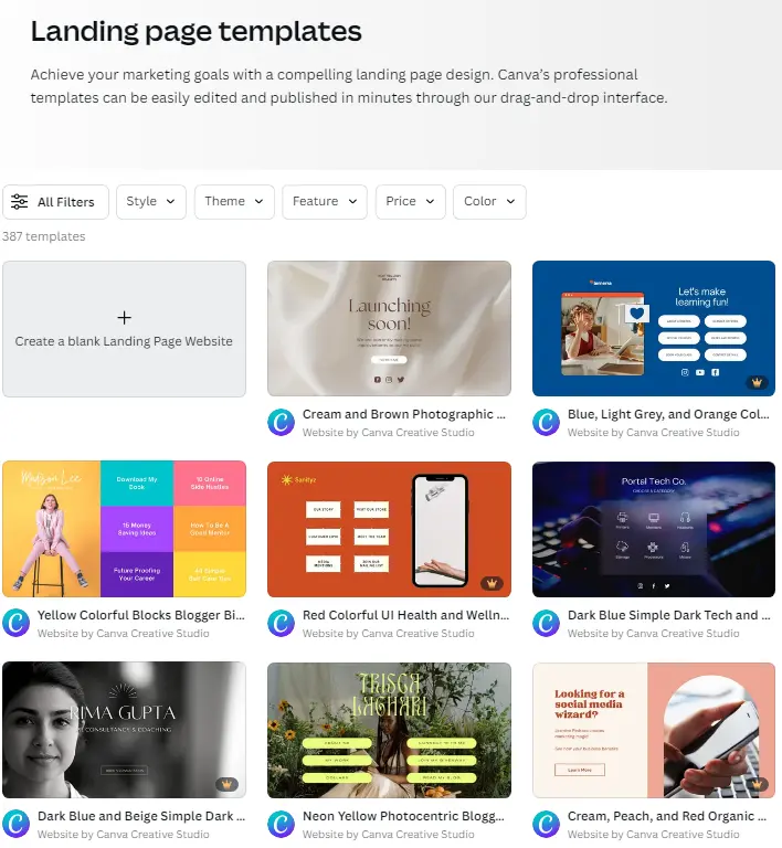Examples of landing leaf templates.