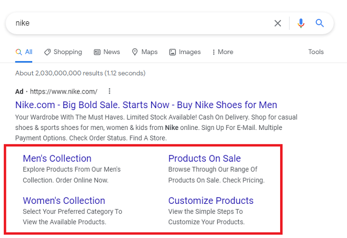 Sitelinks Google ad extension lets you add additional page links. 