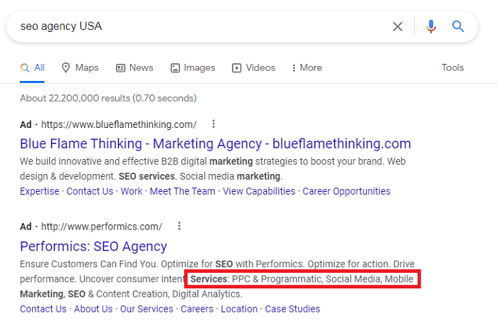 Structured snippet Google ad extensions can be useful for highlighting more information. 