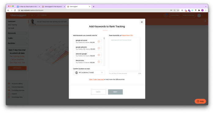 Ubersuggest SEO guide add keywords to rank tracking - A Step-by-Step Guide to Growing Your SEO Traffic Using Ubersuggest