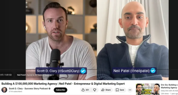 Neil Patel being interviewed on Scott D. Clary's YouTube channel.