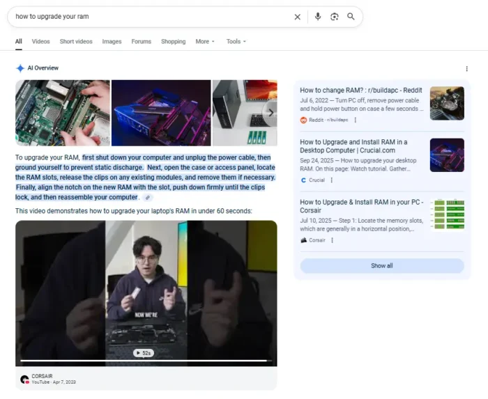 A YouTube video in a Google result.