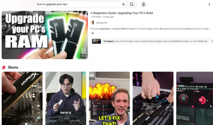 Results in a YouTube search.