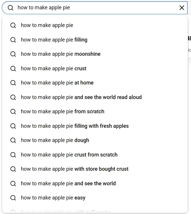 YouTube autocomplete results.