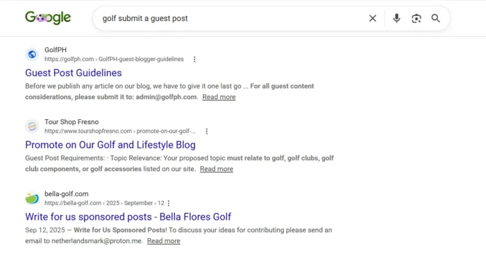Google results for “golf submit a guest post,” showing links to golf-related guest post guidelines and outreach opportunities.