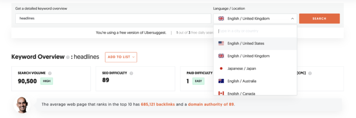 international seo - using ubersuggest for keyword research in other coutnries