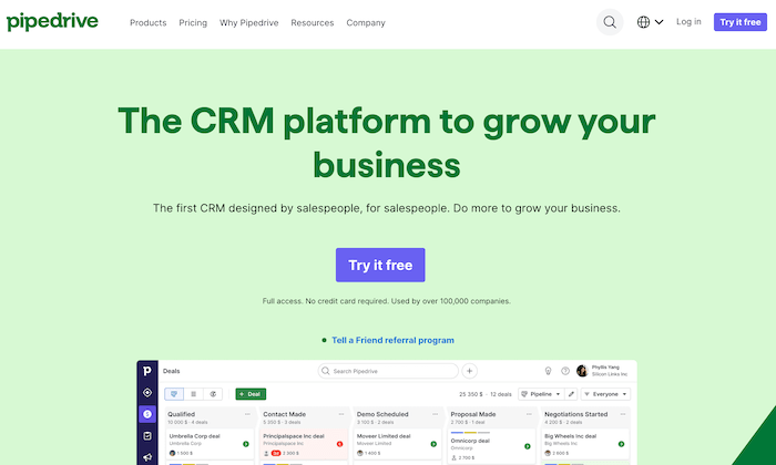 Pipedrive homepage for Best CRM Software for Small Businesses