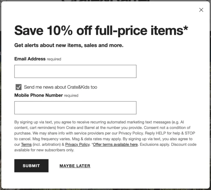 A Crate and Barrel SMS ad.