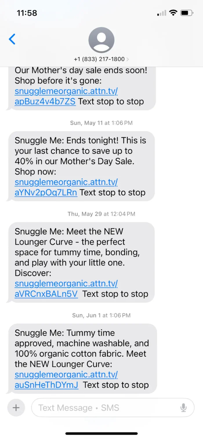 A Snuggle Me SMS ad.