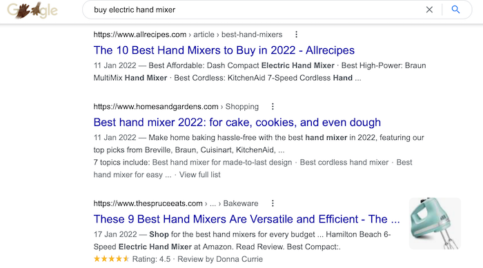 SEO Keyword Rankings - Google Search Query for Electric Hand Mixer