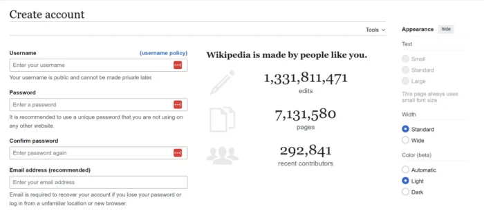 The Create Account Page on Wikipedia.