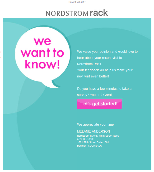 Marketing Funnel Stages - nordstrom rack post visit survey request sent by email