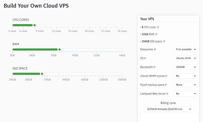 Scala Hosting build your own plan sliders for Best VPS Hosting