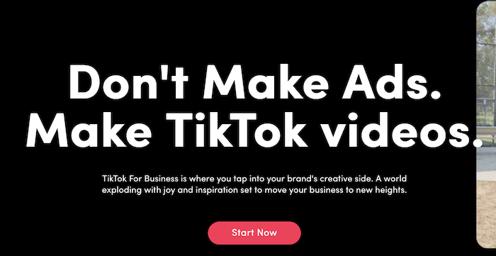 TikTok For Business landing page