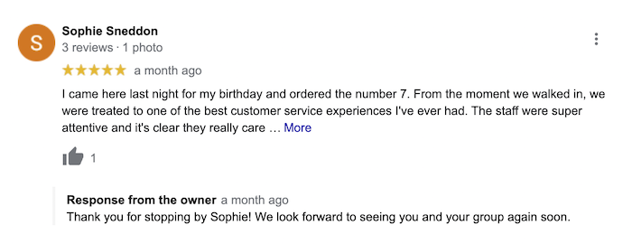 example of business responding to positive review by thanking them for the support and inviting them back - Mastering Google Reviews For Business: Everything You Need to Know to Grow Your Brand