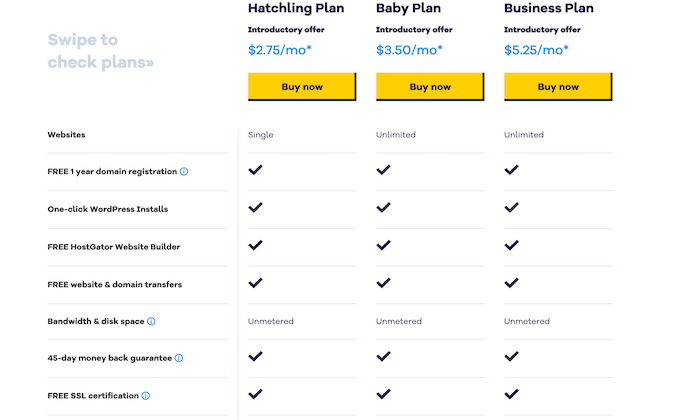 HostGator pricing page for Best Cheap Web Hosting