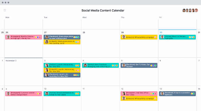 Example of a social media content calendar from Asana