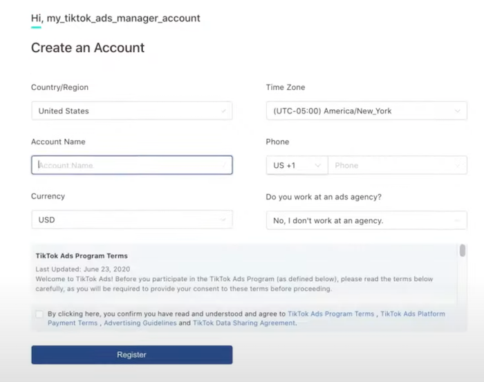  TikTok Ads Manager Input Business Details to Create Account