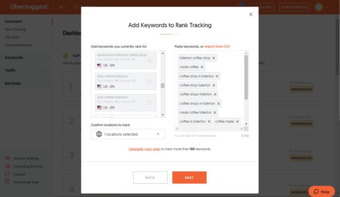Add keywords to ubersuggest ranking tracking