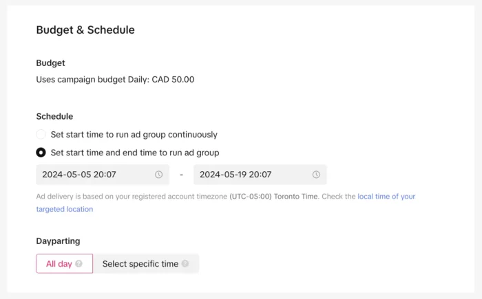 Setting a budget limit in TikTok ads manager.