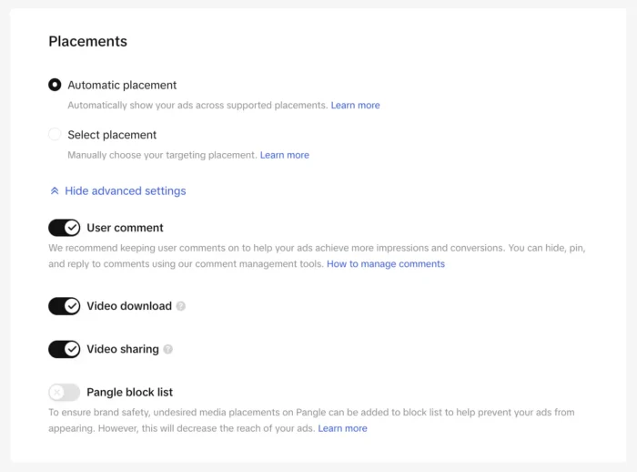 Ad groups and placements in TikTok ads manager.