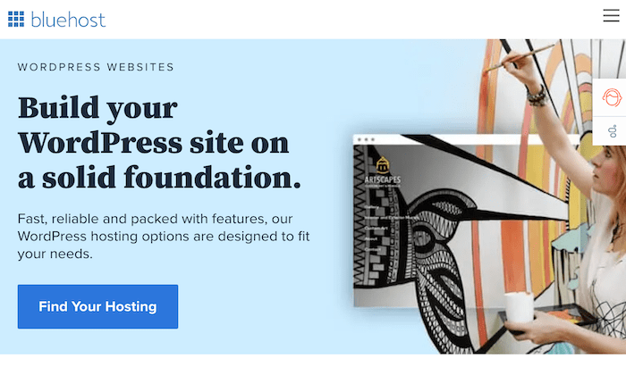 Bluehost landing page for building WordPress site with a button to find your hosting. 
