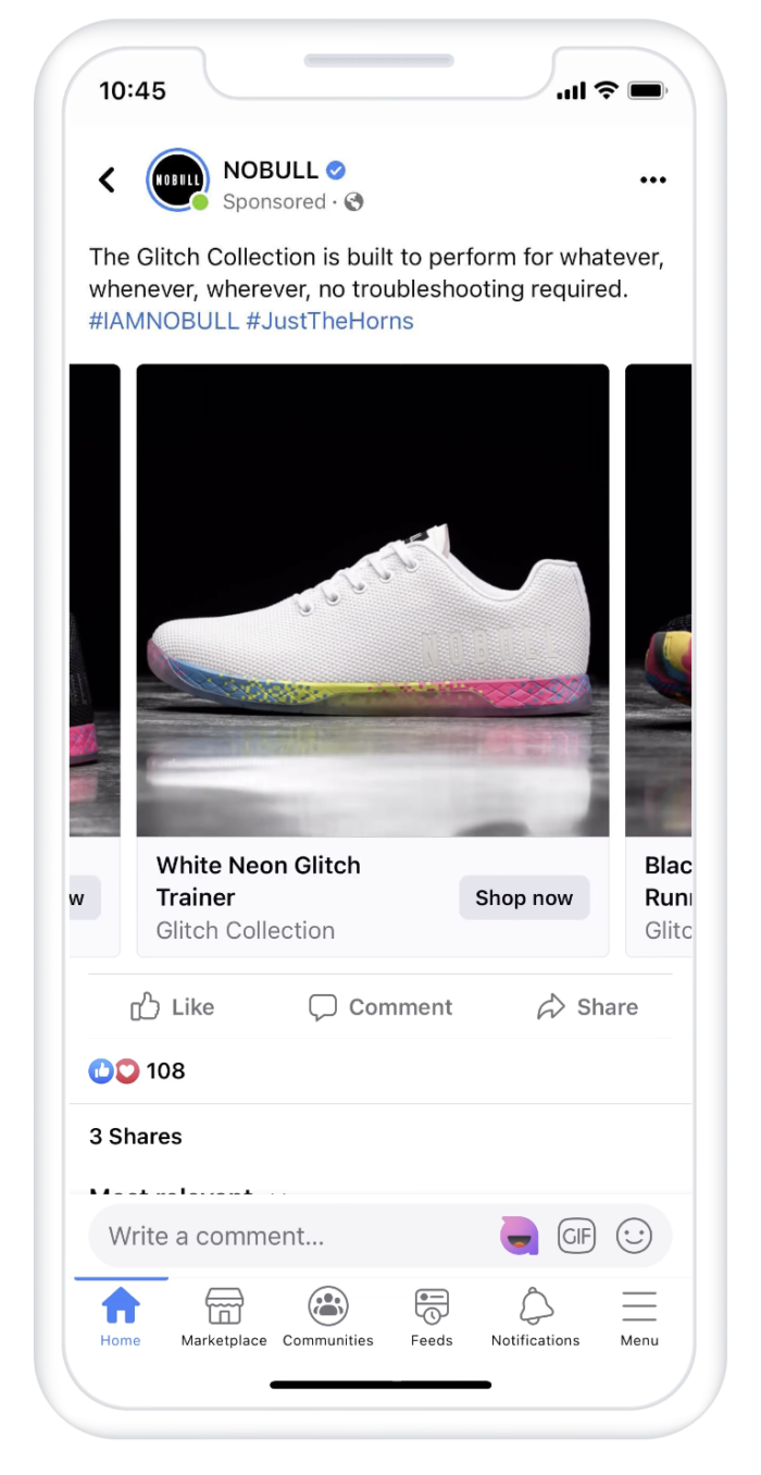 An IPhone screen showing a Facebook ad of sneakers. 