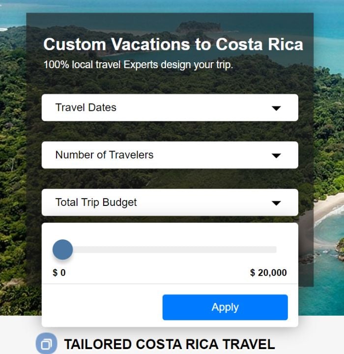 An image of the Costa Rican Vacations booking page. 