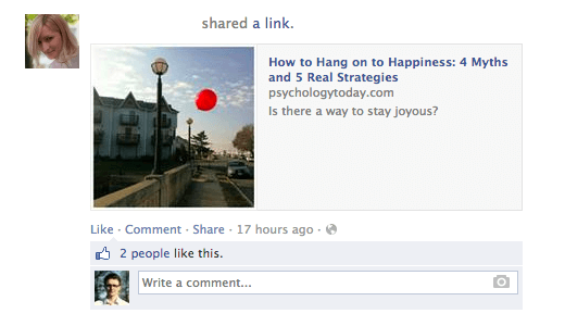 An example facebook post showcasing a smaller thumbnail image as an example of thumbnail size.