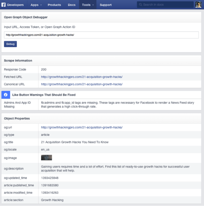 A screenshot of the backend of facebook's debugging tool. 