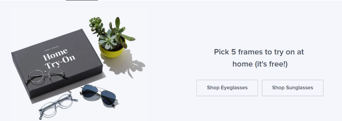 An image of Warby Parker's homepage showing some glasses. 