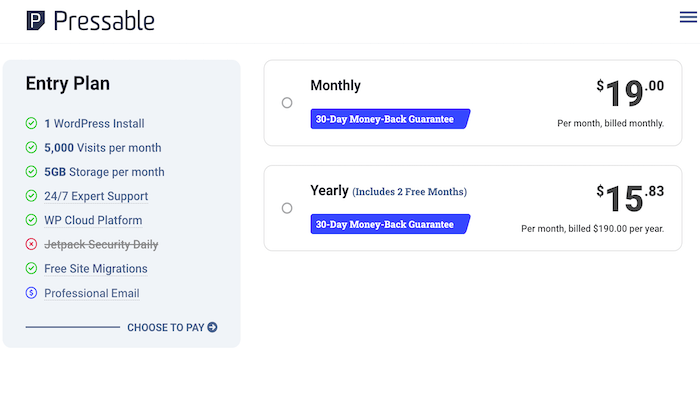 Pressable modular  pricing leafage   for Best WordPress Web Hosting