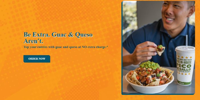 An ad from Qdoba showing a man eating food. 