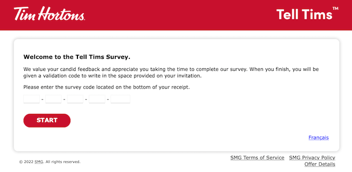 An image of a Tim Horton's feedback survey.