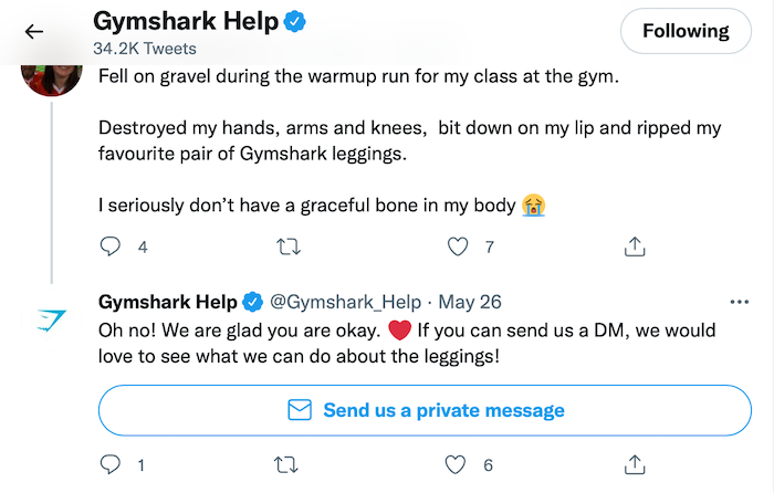 A tweet from Gymshark's help account assisting a customer. 