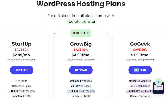 SiteGround pricing page for Best WordPress Web Hosting