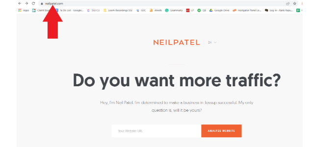An image of Neil Patel's website, with an arrow pointing to the second-level domain of the URL.