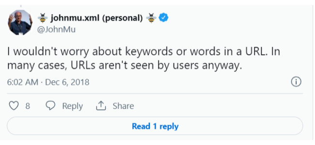 A tweet from John Mu about using keywords in URLs. 