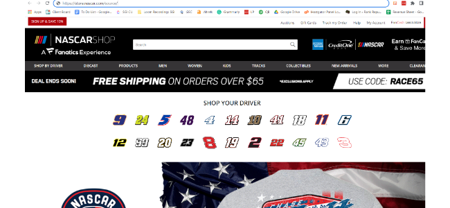 An image of NASCAR's shops homepage, used as an example of when to use subdomains. 