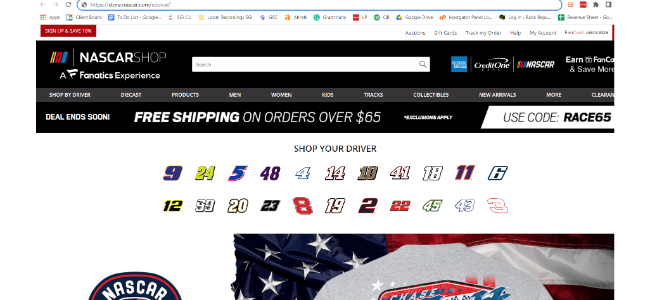 An image of NASCAR's shops homepage, used as an example of when to use subdomains. 