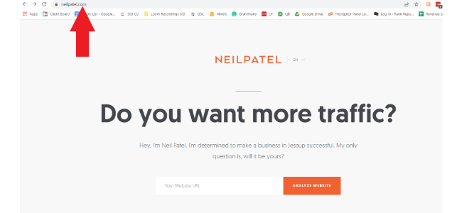 An image of Neil Patel's website, with an arrow pointing to the top-level domain of the URL.