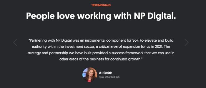 An image of a satisfied customer testimonial after working with Neil Patel's best SEO company, NP Digital. 