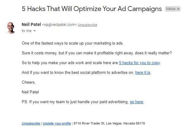 A screenshot of 1  of Neil Patel's email selling  messages successful  action. 