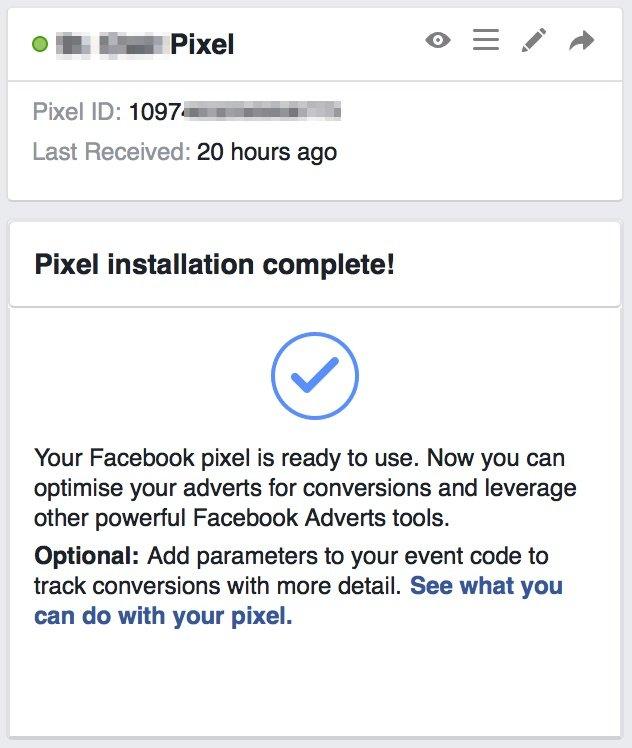 An image of the pixel installation screen in Facebook Pixels.