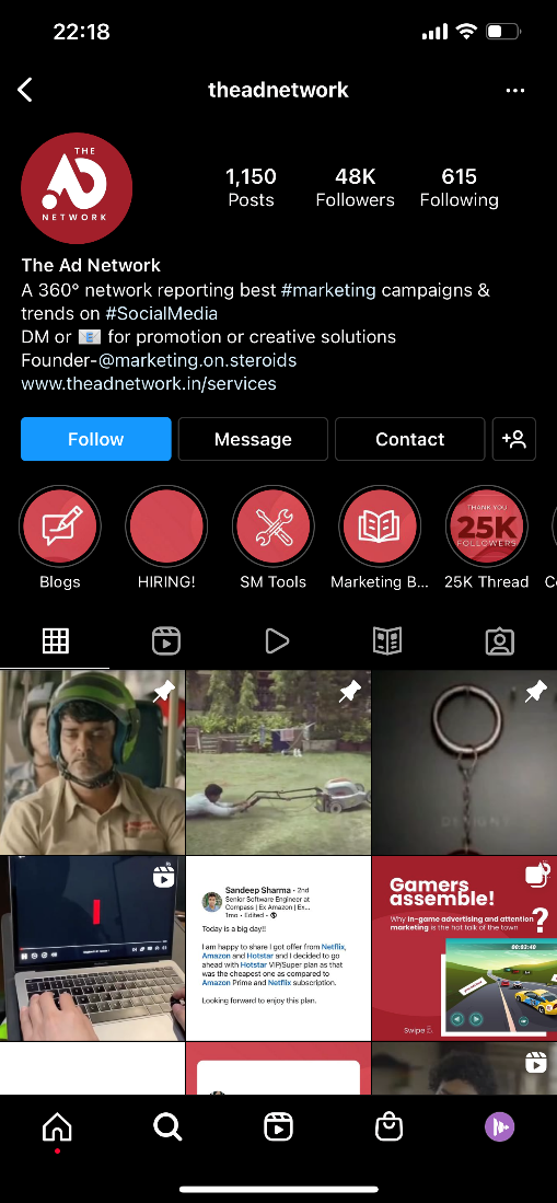 An image of The Ad Network's homepage on Instagram.