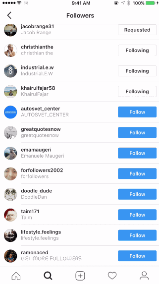 A GIF showing someone following many accounts on Instagram.