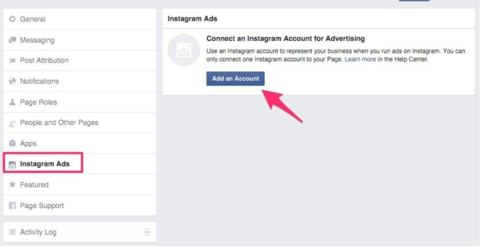 An image showing how to setup Instagram ads in your Facebook settings page.