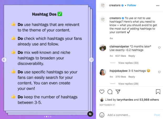 A list of "Dos" for using hashtags on Instagram, from Creators.